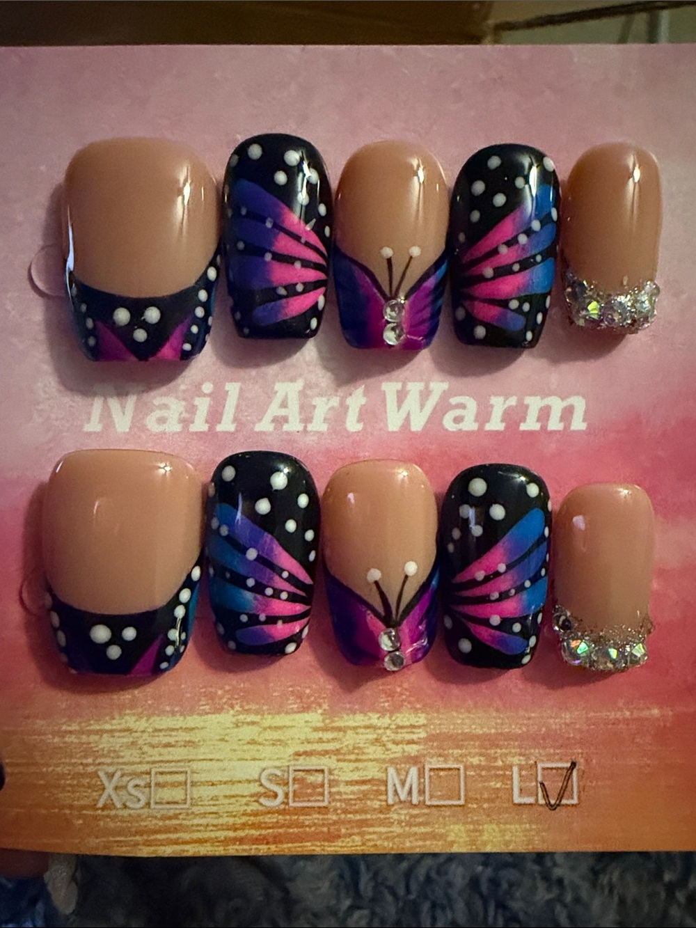 Butterfly Accent handmade acrylic Press-On Nails in Nude, Black, Pink & Blue